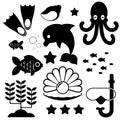 Dark silhouettes of different sea animals and marine objects on a white background Royalty Free Stock Photo